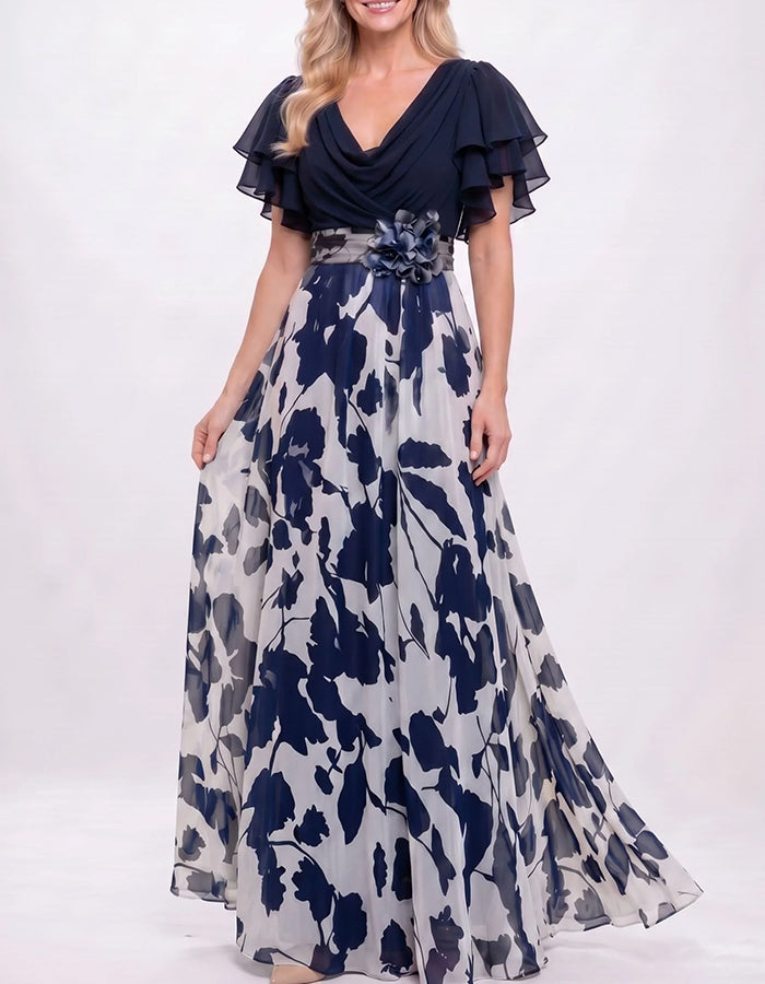 Vestido maxi com decote drapeado, mangas duplas com folhos e flores 3D em chiffon  