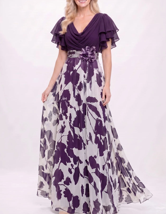 Vestido maxi com decote drapeado, mangas duplas com folhos e flores 3D em chiffon  