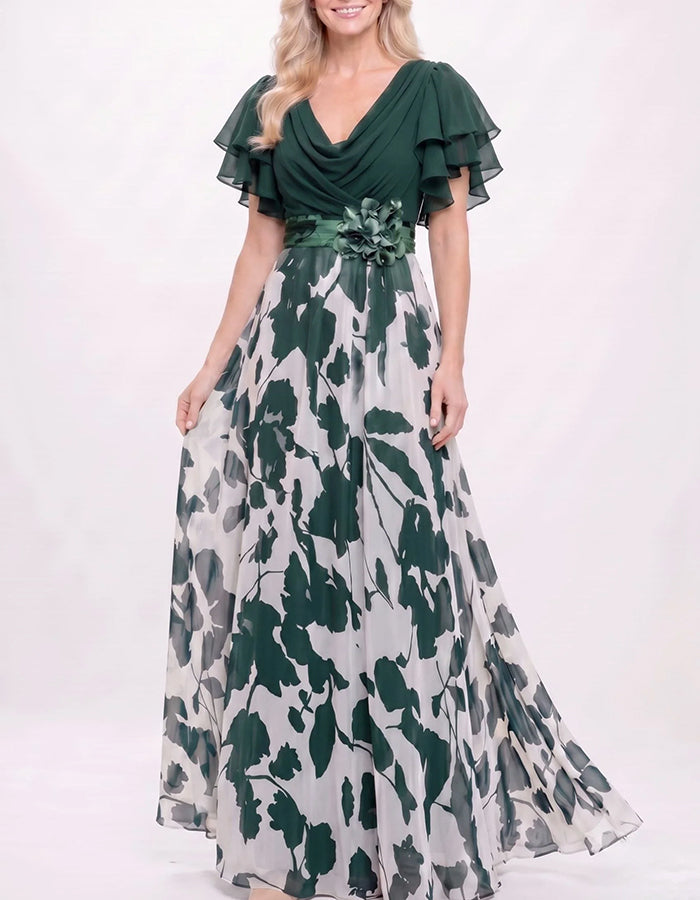 Vestido maxi com decote drapeado, mangas duplas com folhos e flores 3D em chiffon  