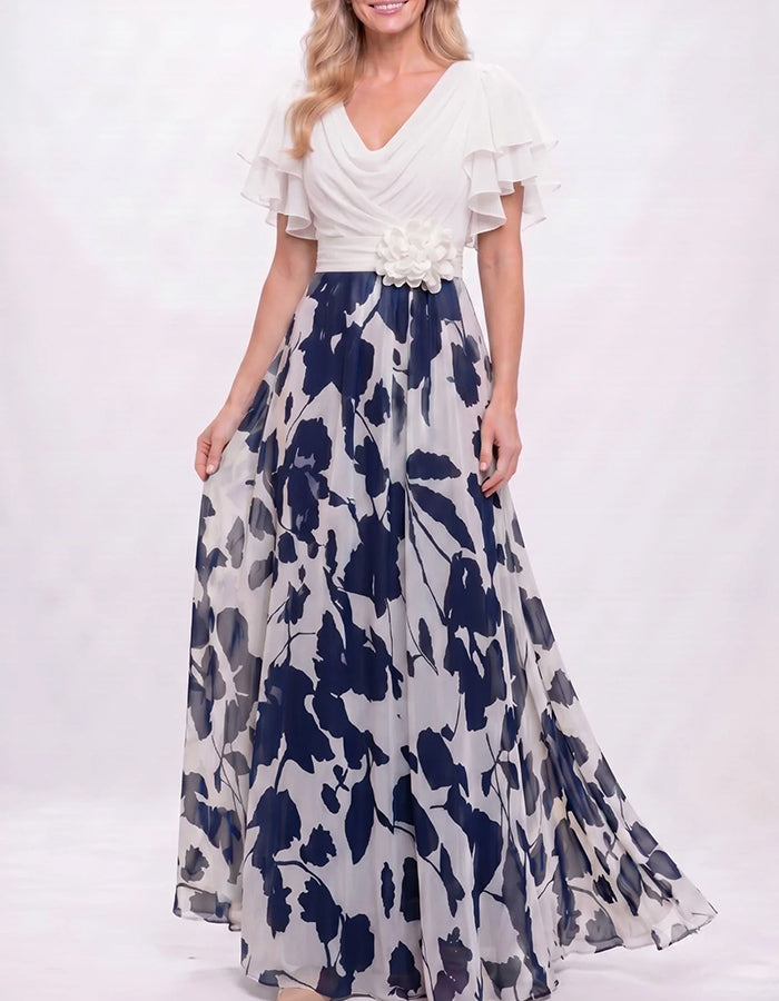 Cowl Neck Double Ruffle Sleeve 3D Flower Chiffon Maxi Dress