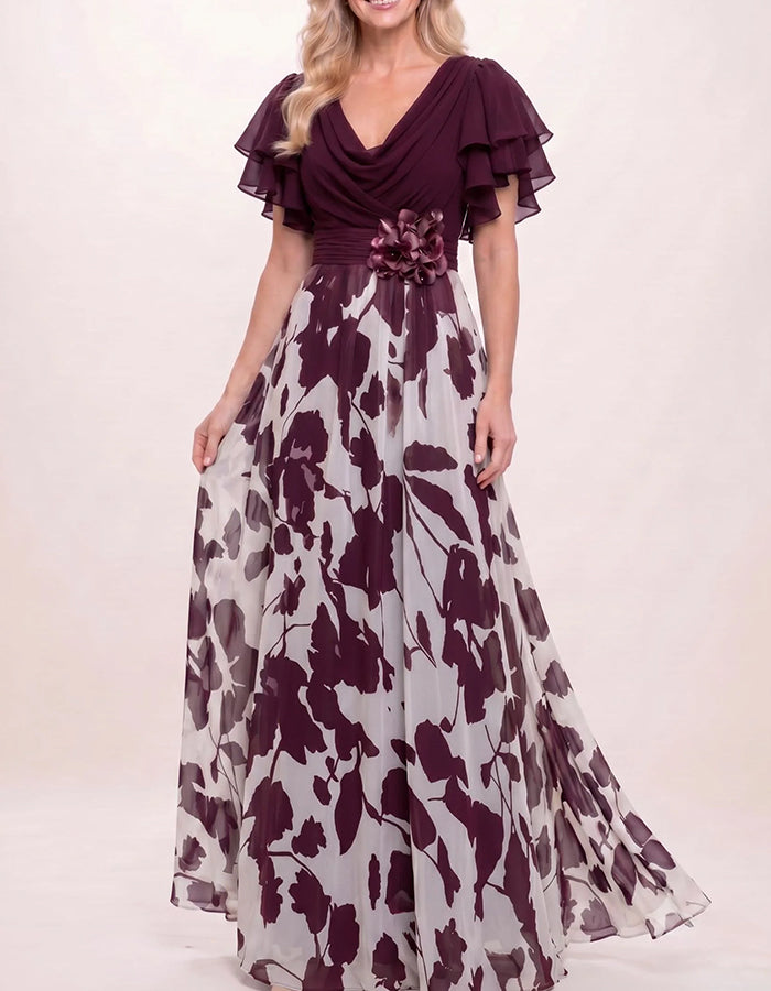 Vestido maxi com decote drapeado, mangas duplas com folhos e flores 3D em chiffon  