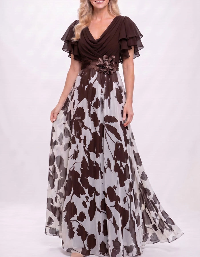Vestido maxi com decote drapeado, mangas duplas com folhos e flores 3D em chiffon  