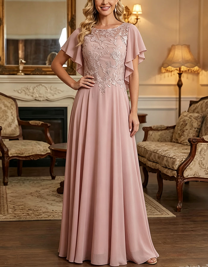 Vestido maxi rosa com decote redondo, renda, lantejoulas, mangas com folhos em chiffon em corte evasê  