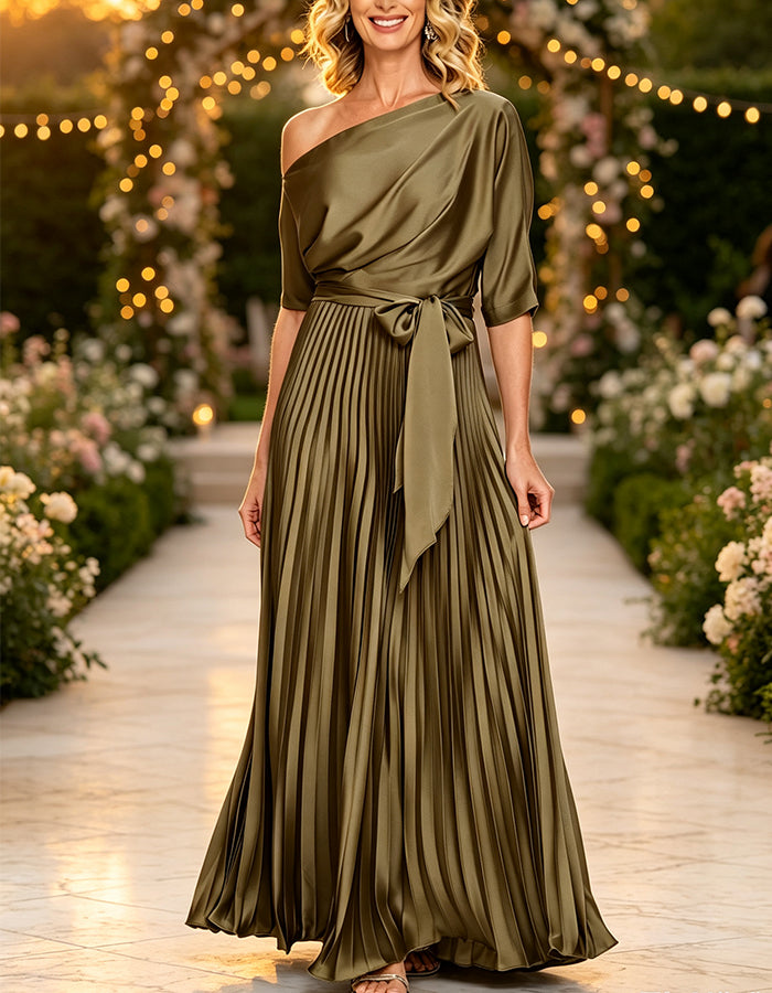 Vestido maxi verde oliva com um ombro só, top drapeado e laço em cetim  