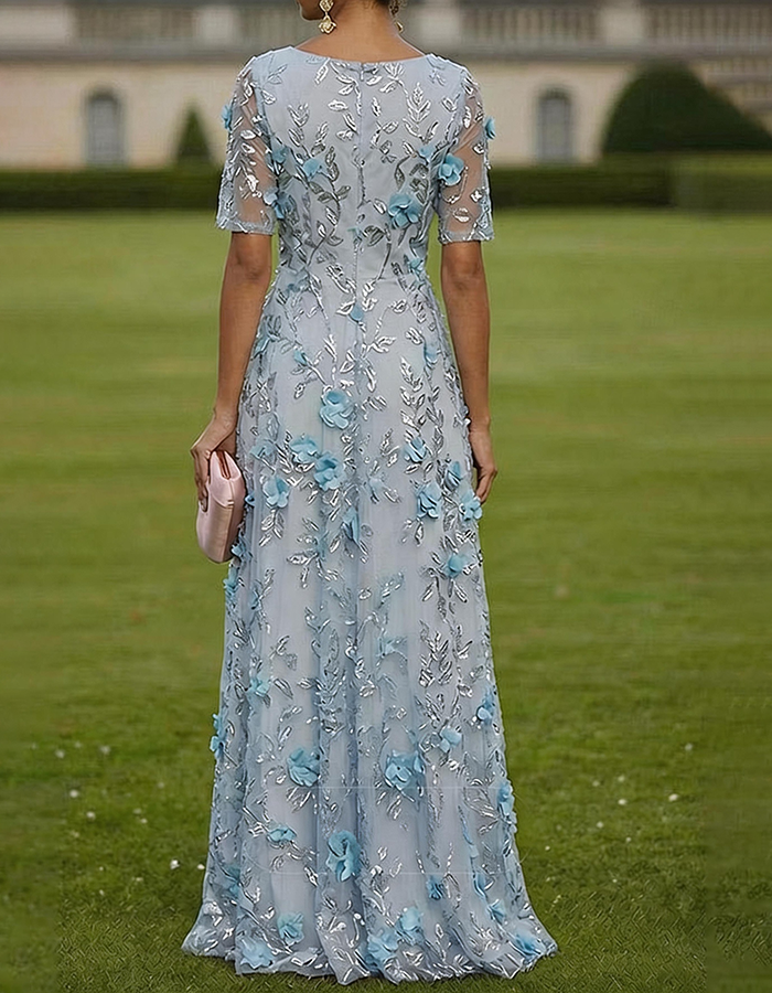 Vestido maxi de tul azul polvoriento con escote en V, manga corta y aplicación floral 3D