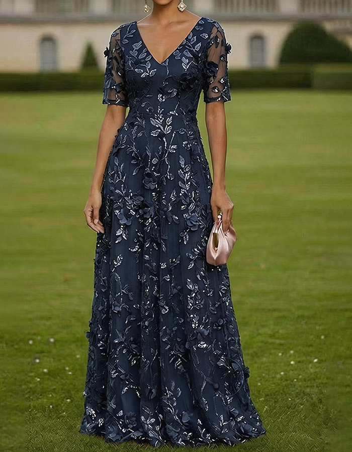Dusty Blue V-Neck Short Sleeve 3D Floral Applique Tulle Maxi Dress