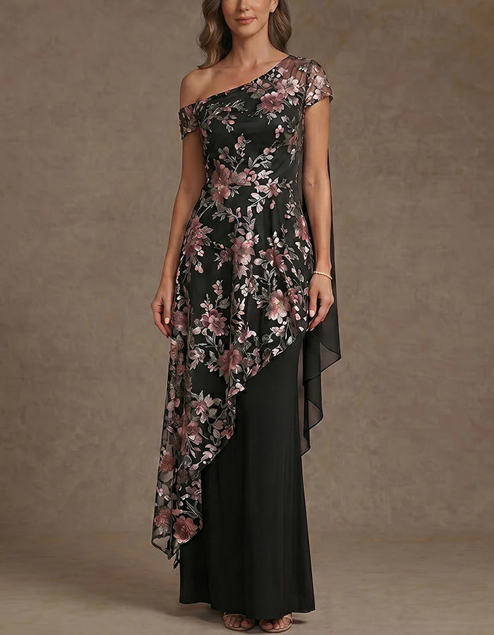 Vestido maxi preto com um ombro, rede floral e bainha irregular em chiffon