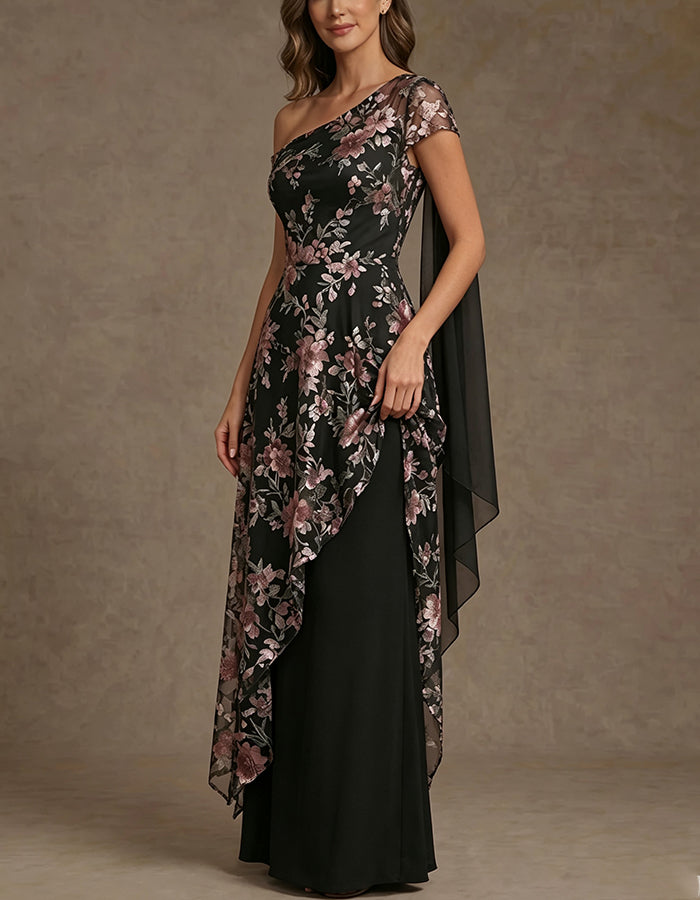 Vestido maxi de gasa negro con un hombro, malla floral y bajo irregular