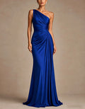 Blue Satin Single Shoulder Pleated Maxi Dress