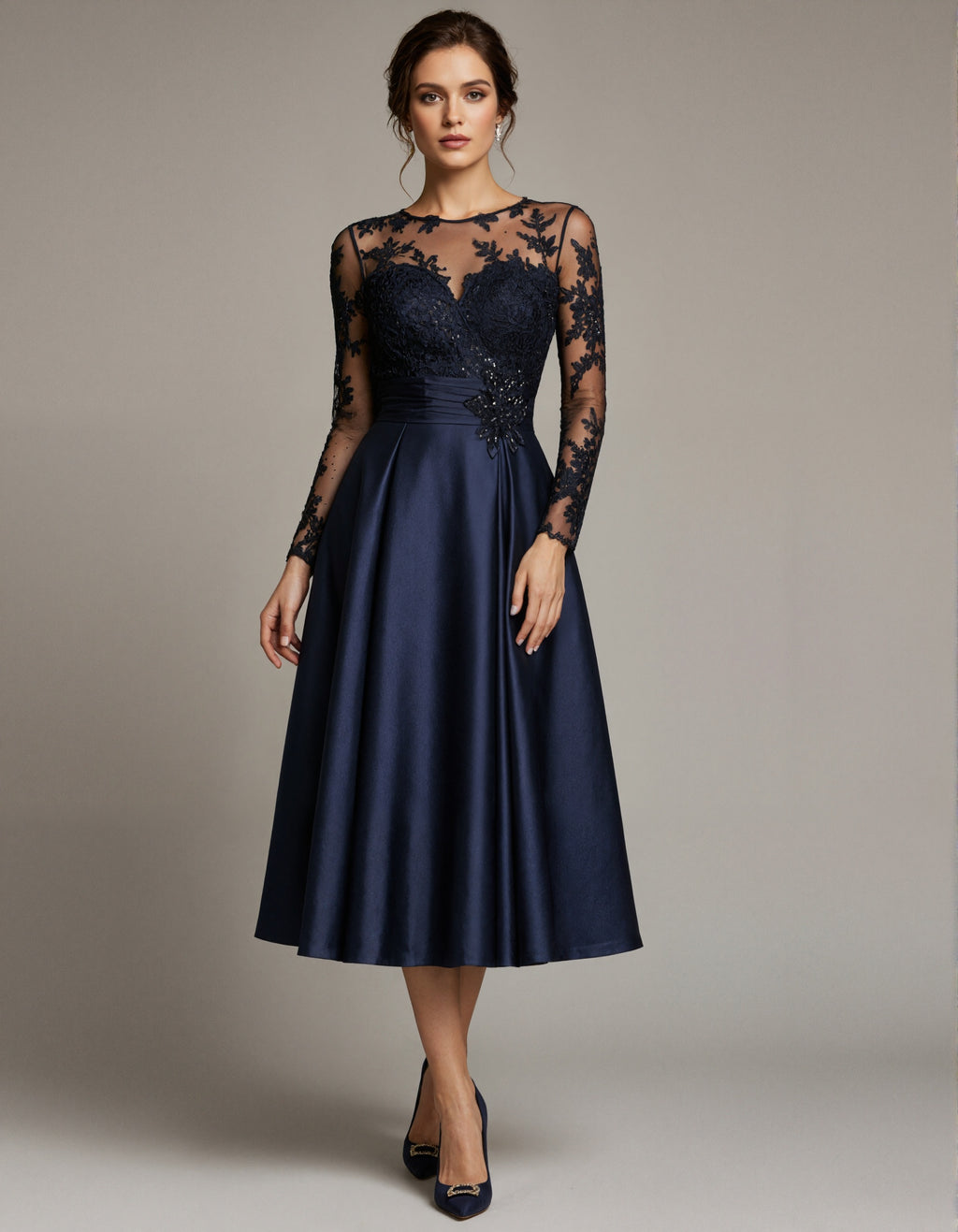 Dark Blue Satin Tulle Floral Lace Midi Dress
