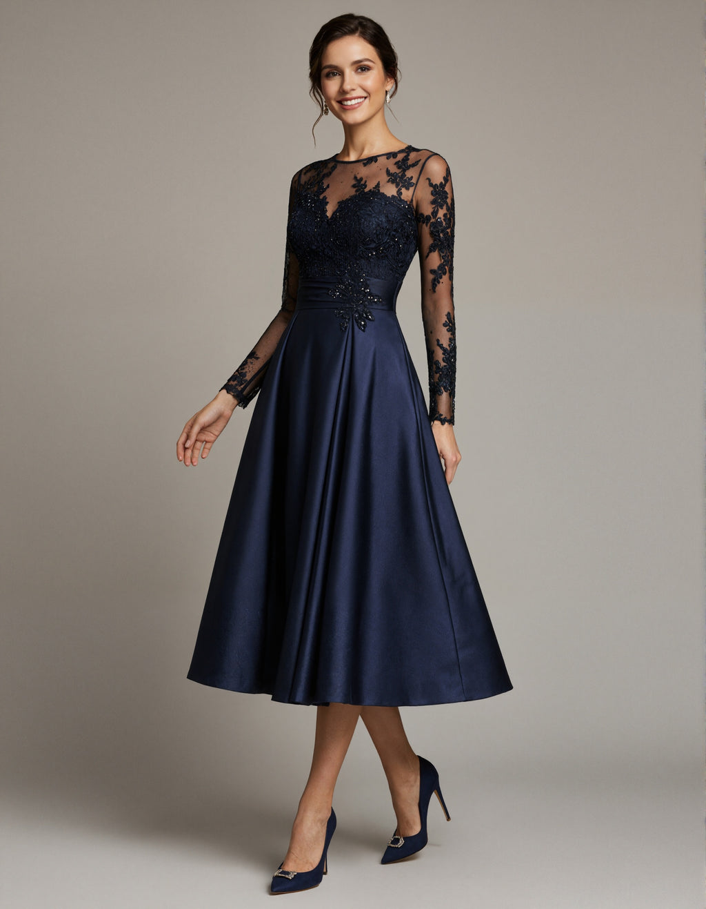 Dark Blue Satin Tulle Floral Lace Midi Dress