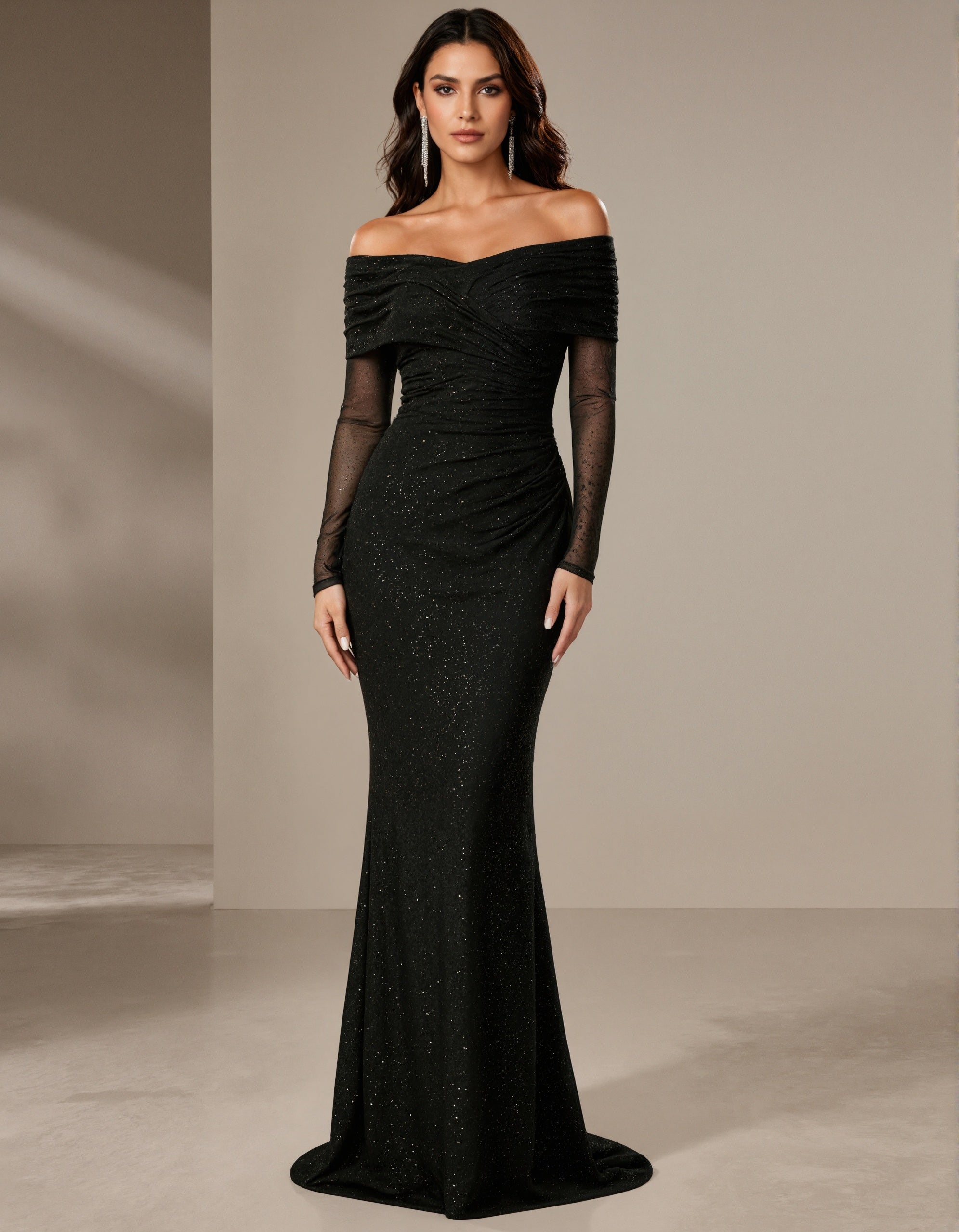 Black Off Shoulder Pleated Long Sleeved Maxi Dress