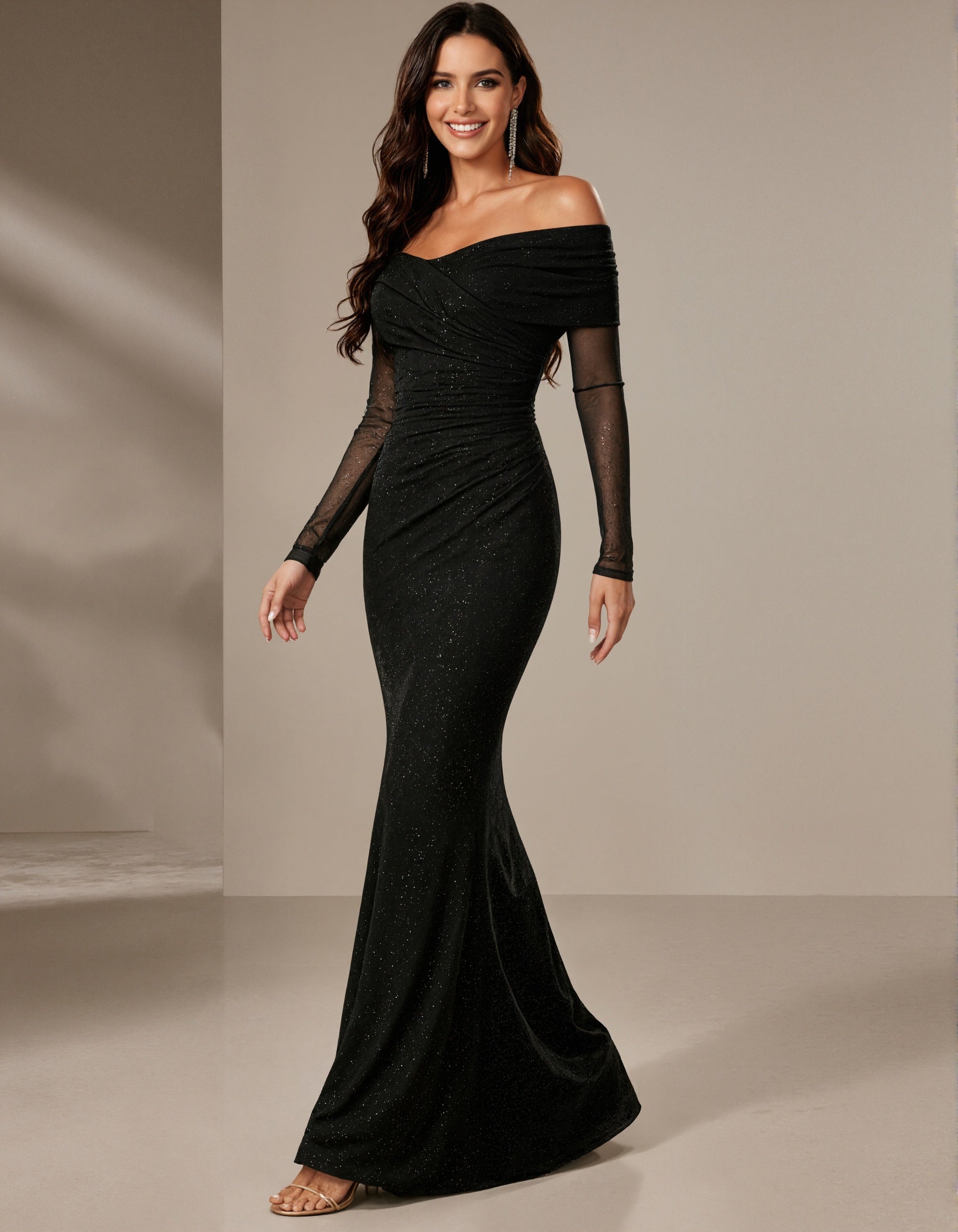 Black Off Shoulder Pleated Long Sleeved Maxi Dress