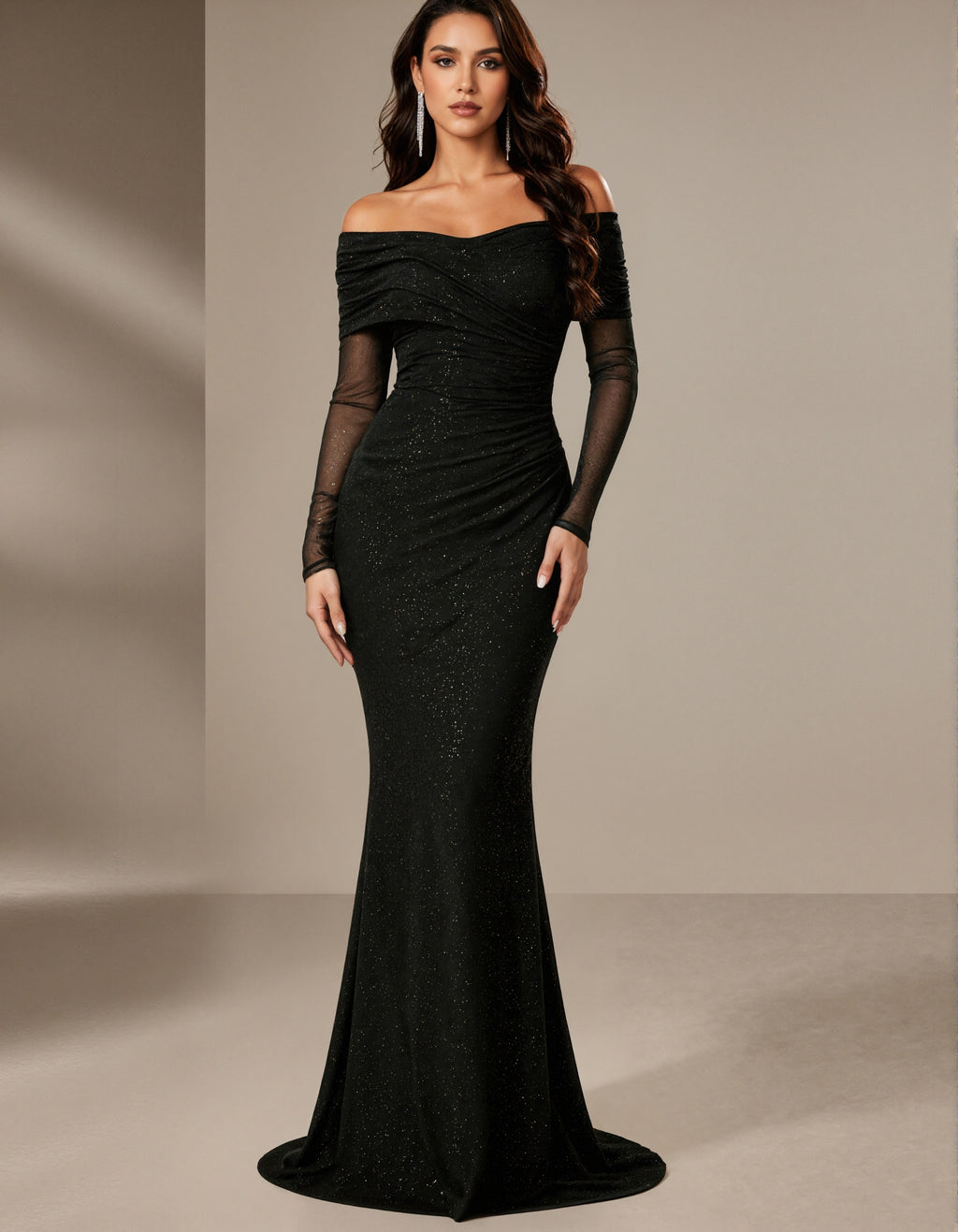 Black Off Shoulder Pleated Long Sleeved Maxi Dress