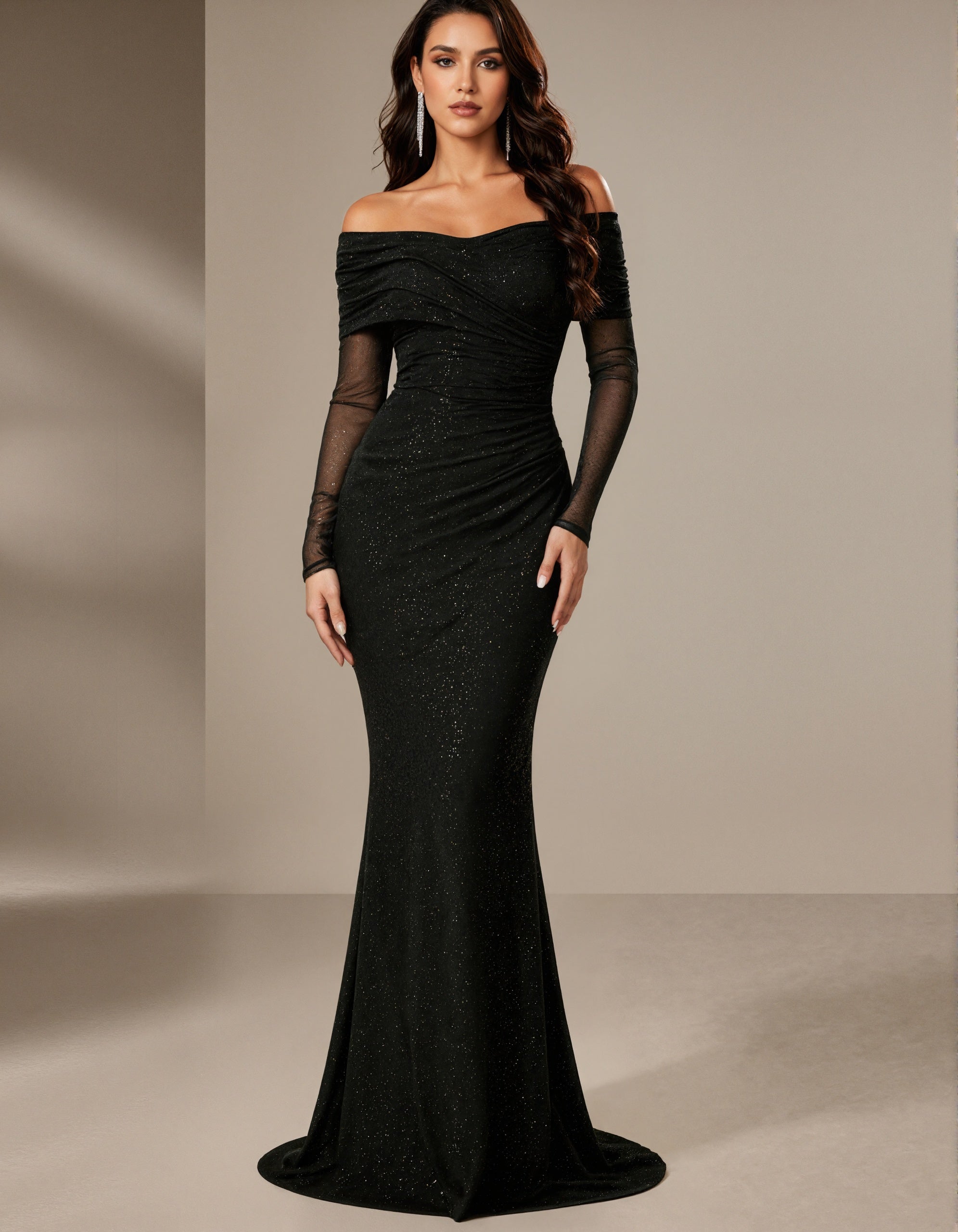 Black Off Shoulder Pleated Long Sleeved Maxi Dress