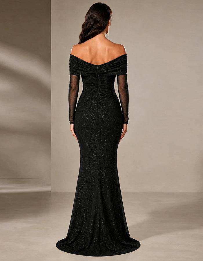 Black Off Shoulder Pleated Long Sleeved Maxi Dress