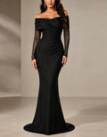Black Off Shoulder Pleated Long Sleeved Maxi Dress