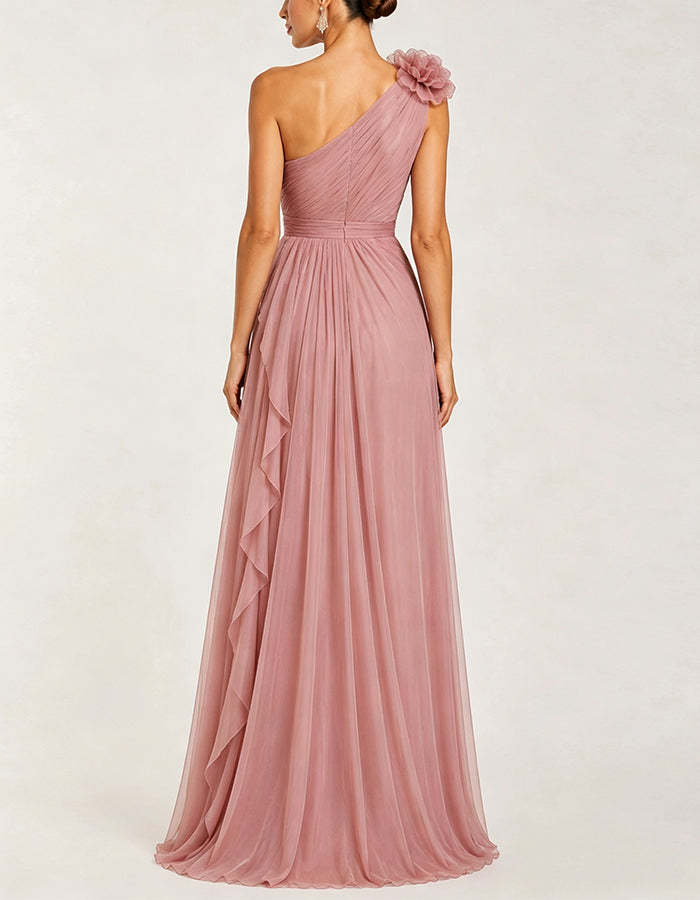 Vestido longo rosa de chiffon com flores 3D  