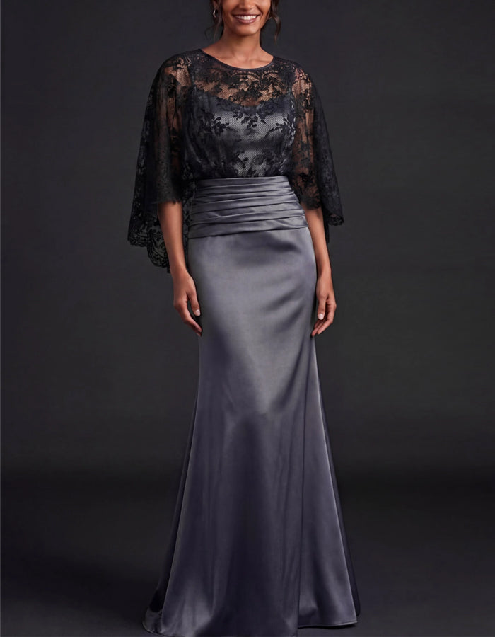 Grey Satin Black Floral Lace Shawl With Three Quarter Sleeves Maxi Dress