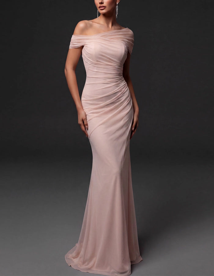 Solid Color Chiffon Asymmetrical Off Shoulder Maxi Dress
