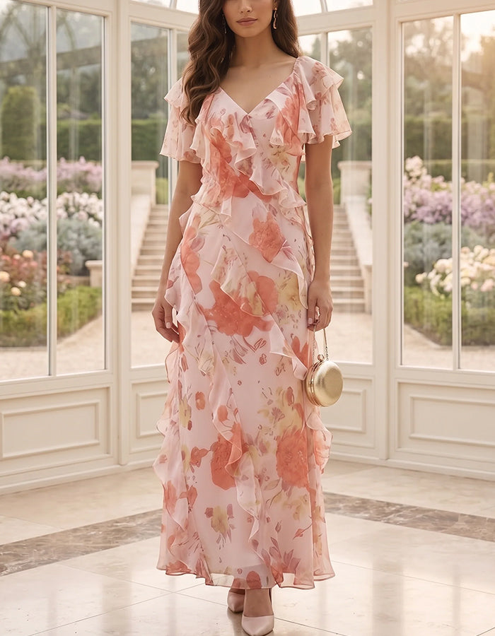 Rosa Kleid mit V-Ausschnitt, Rüschenärmeln und floralem Print aus Chiffon, Maxi-Länge