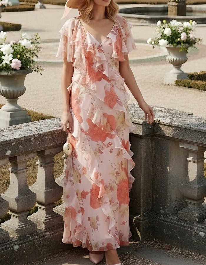 Rosa Kleid mit V-Ausschnitt, Rüschenärmeln und floralem Print aus Chiffon, Maxi-Länge