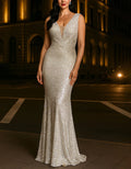 Champagne Colored V-Neck With Shimmering Sequins Maxi Dress