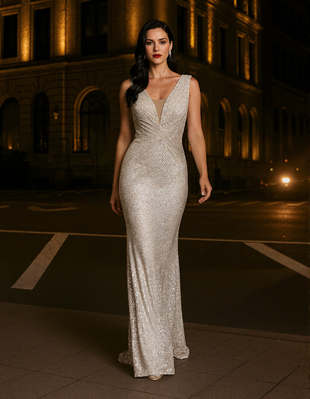 Champagne Colored V-Neck With Shimmering Sequins Maxi Dress