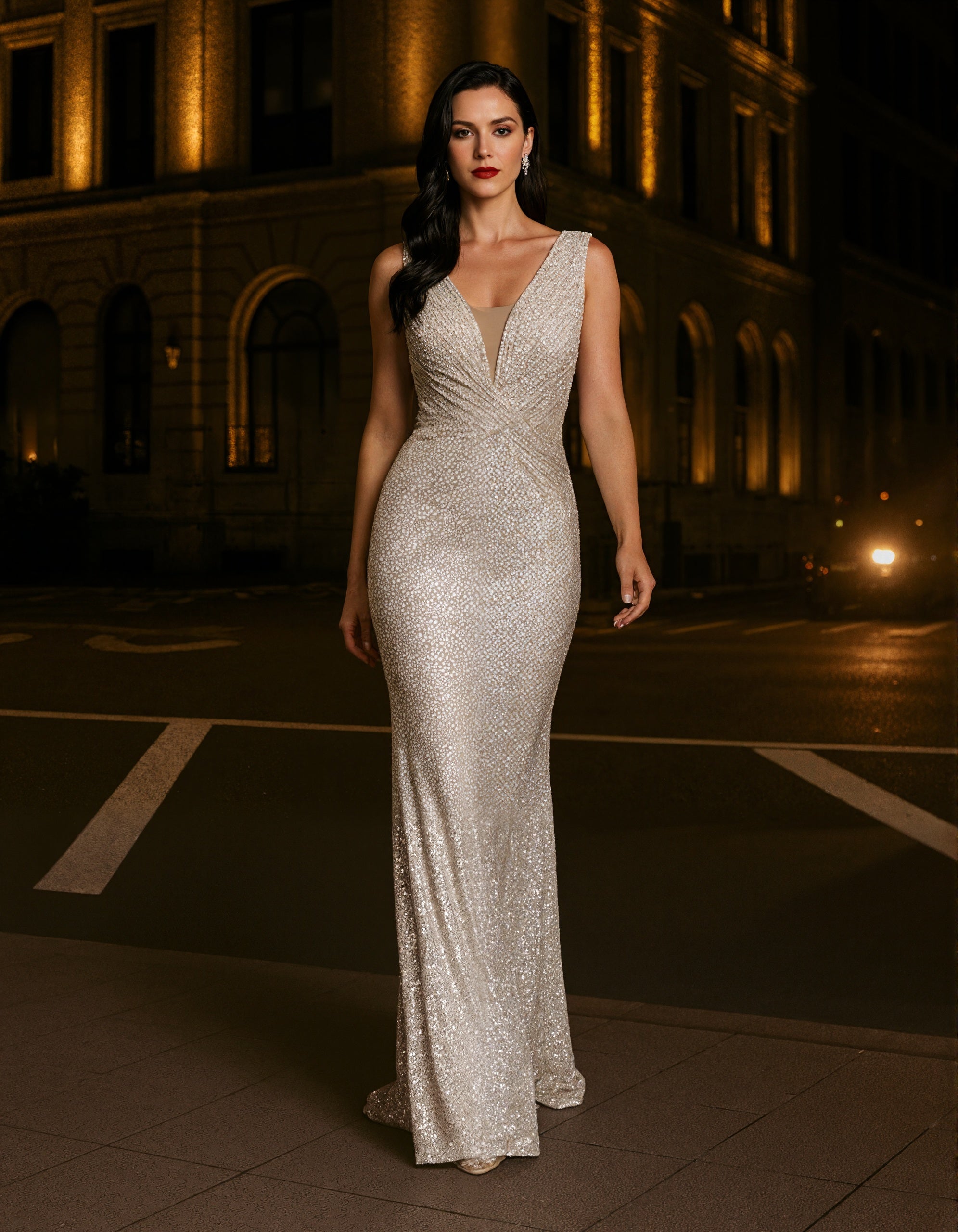 Robe longue couleur champagne à col en V avec sequins scintillants  