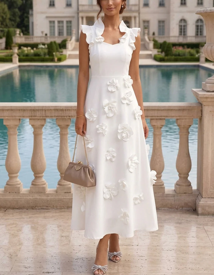 Vestido midi en línea A con escote corazón, cuello con volantes y apliques de flores 3D