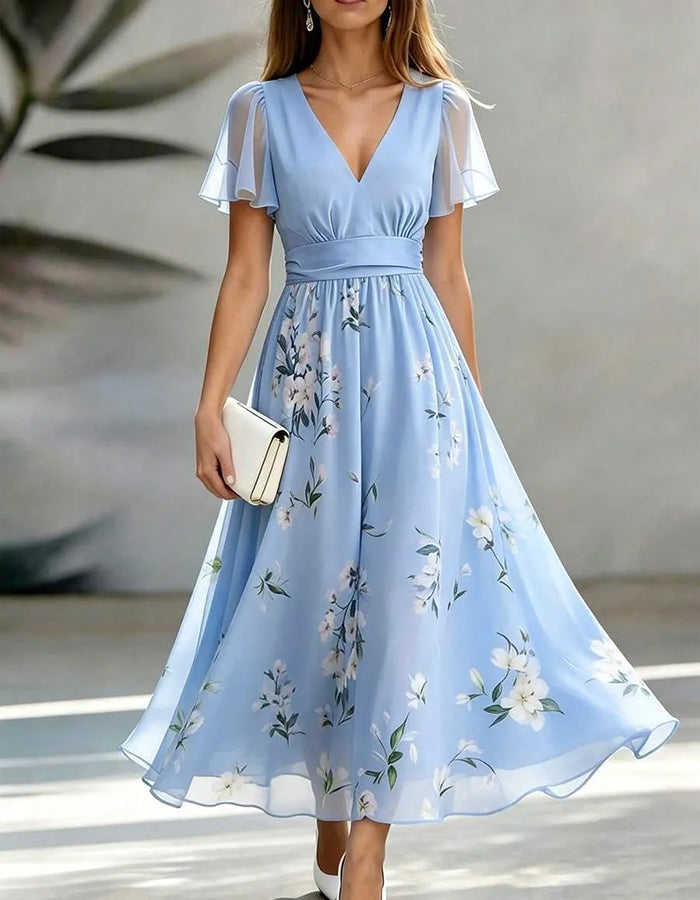 Light Blue V Flutter Sleeve Chiffon A-Line Midi Dress