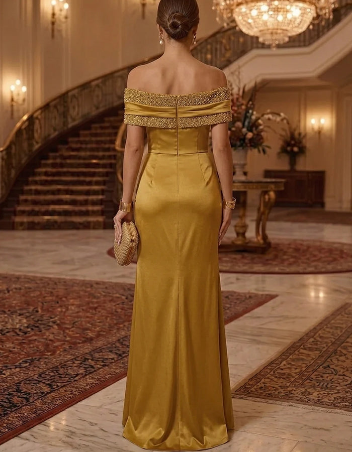 Yellow Off Shoulder Ruffle Twist Waist High Slit Glossy Satin Maxi Dress