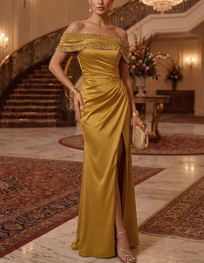 Yellow Off Shoulder Ruffle Twist Waist High Slit Glossy Satin Maxi Dress