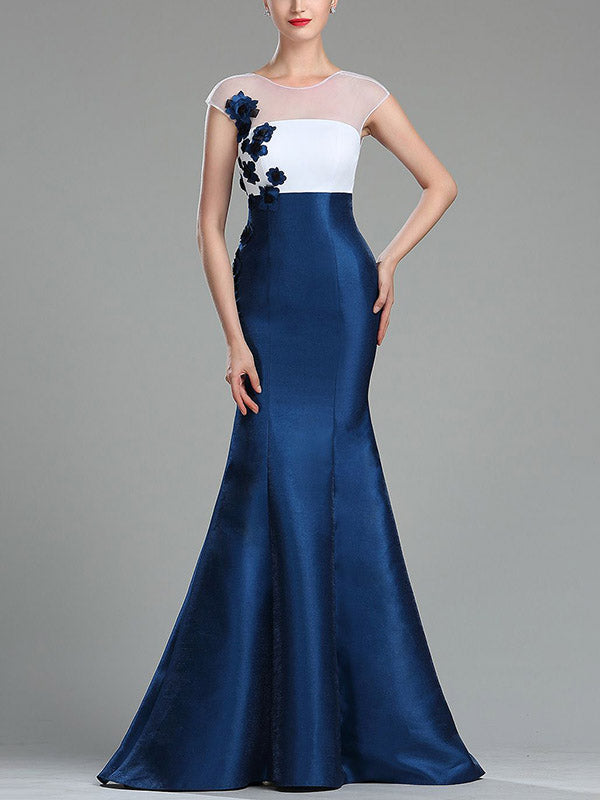 White & Navy Illusion Cap Sleeve 3D Floral Satin Mermaid Maxi Dress