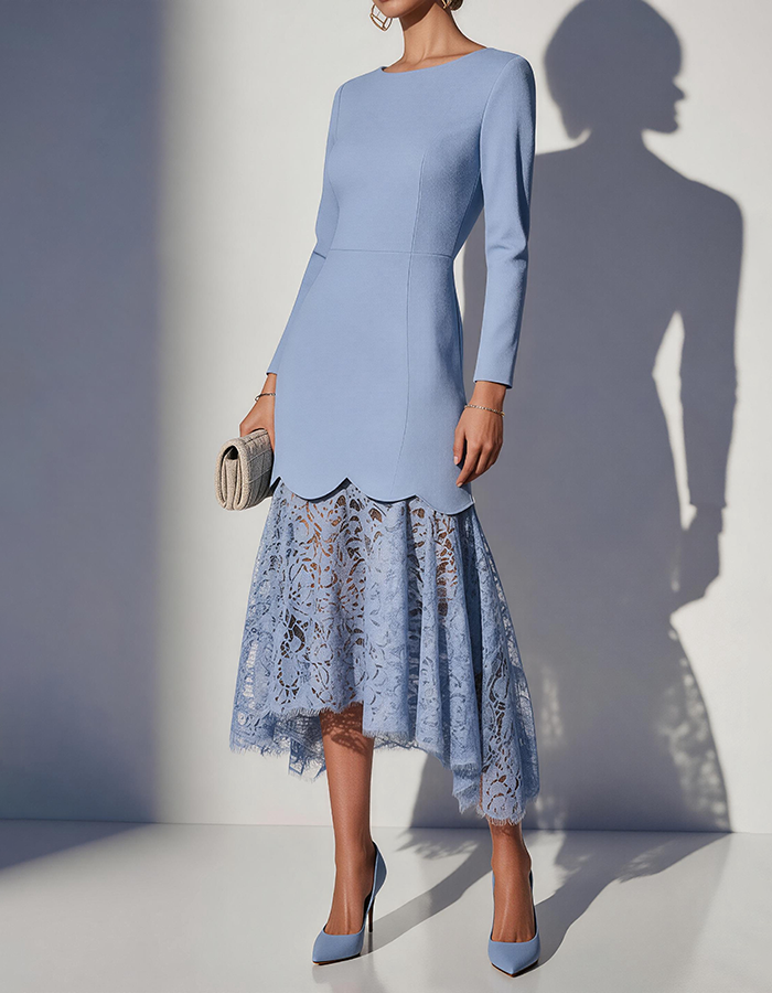 Staubblaues, langärmeliges Midi-Kleid aus Spitze mit rundem Ausschnitt für formelle Anlässe