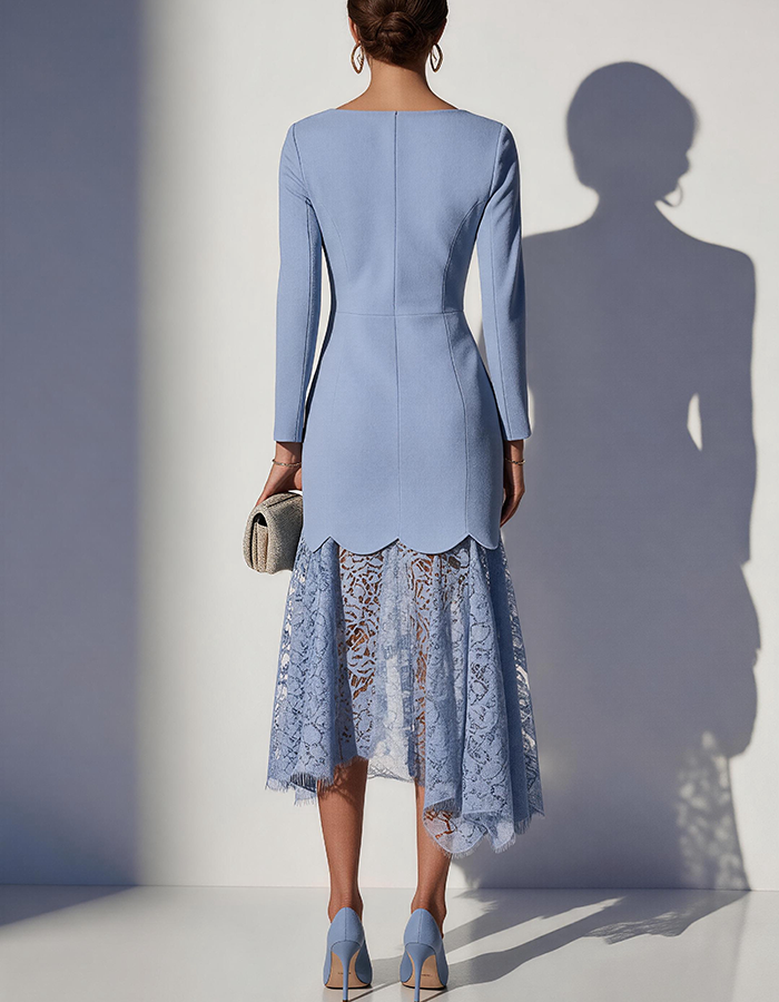 Staubblaues, langärmeliges Midi-Kleid aus Spitze mit rundem Ausschnitt für formelle Anlässe