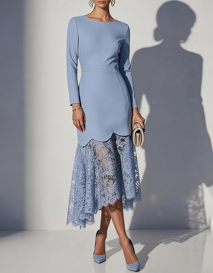Dusty Blue Round Neck Long Sleeve Lace Midi Formal Dress