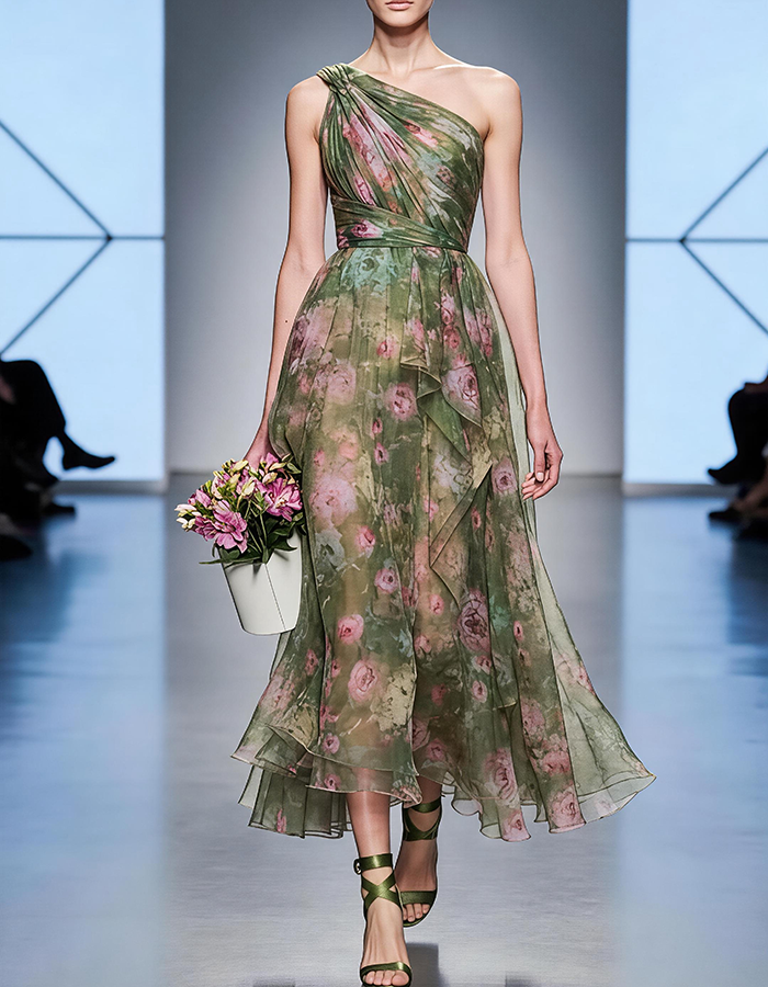 Green Floral Print One-Shoulder Ruffled Chiffon Midi Dress