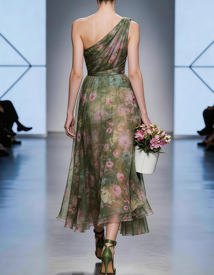 Vestido midi de gasa con estampado floral verde, un solo hombro y volantes