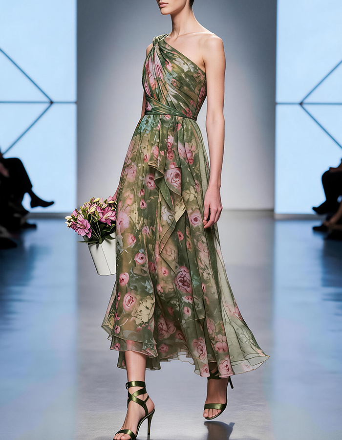 Vestido midi de gasa con estampado floral verde, un solo hombro y volantes