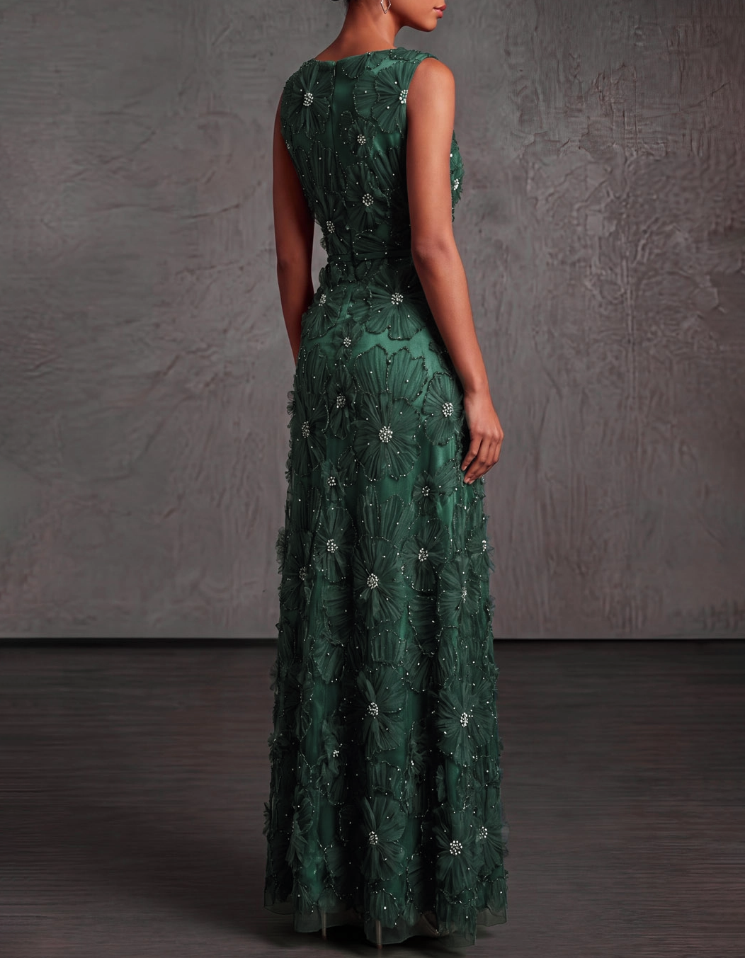 Satin Mesh 3D Floral Pearl Beaded Sleeveless Round Neck Formal Maxi Dress