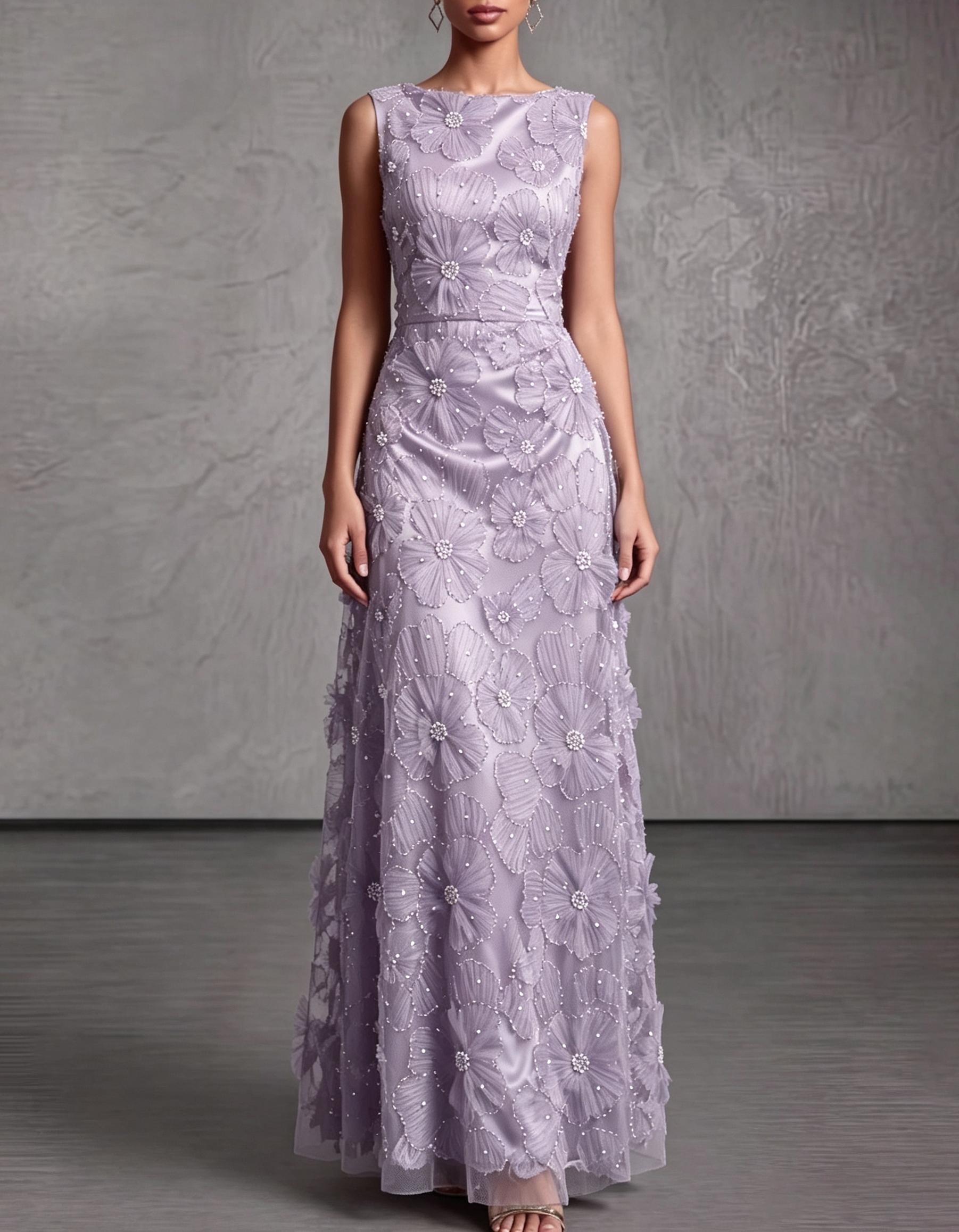 Satin Mesh 3D Floral Pearl Beaded Sleeveless Round Neck Formal Maxi Dress