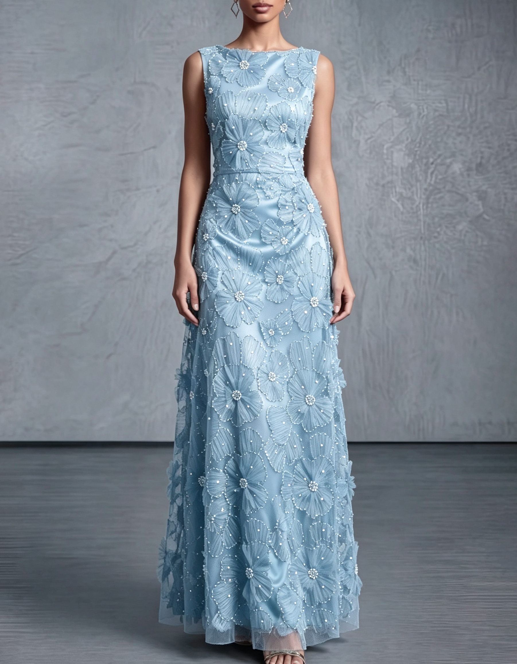 Satin Mesh 3D Floral Pearl Beaded Sleeveless Round Neck Formal Maxi Dress