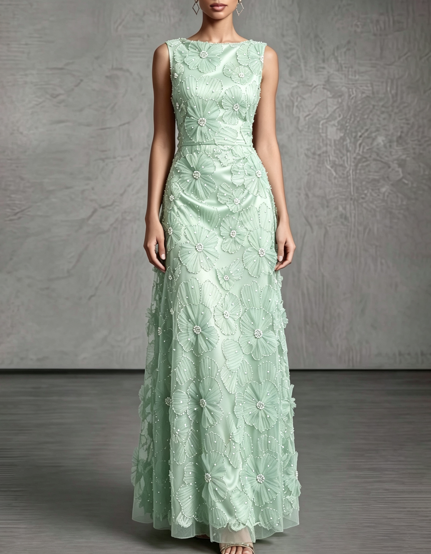 Satin Mesh 3D Floral Pearl Beaded Sleeveless Round Neck Formal Maxi Dress