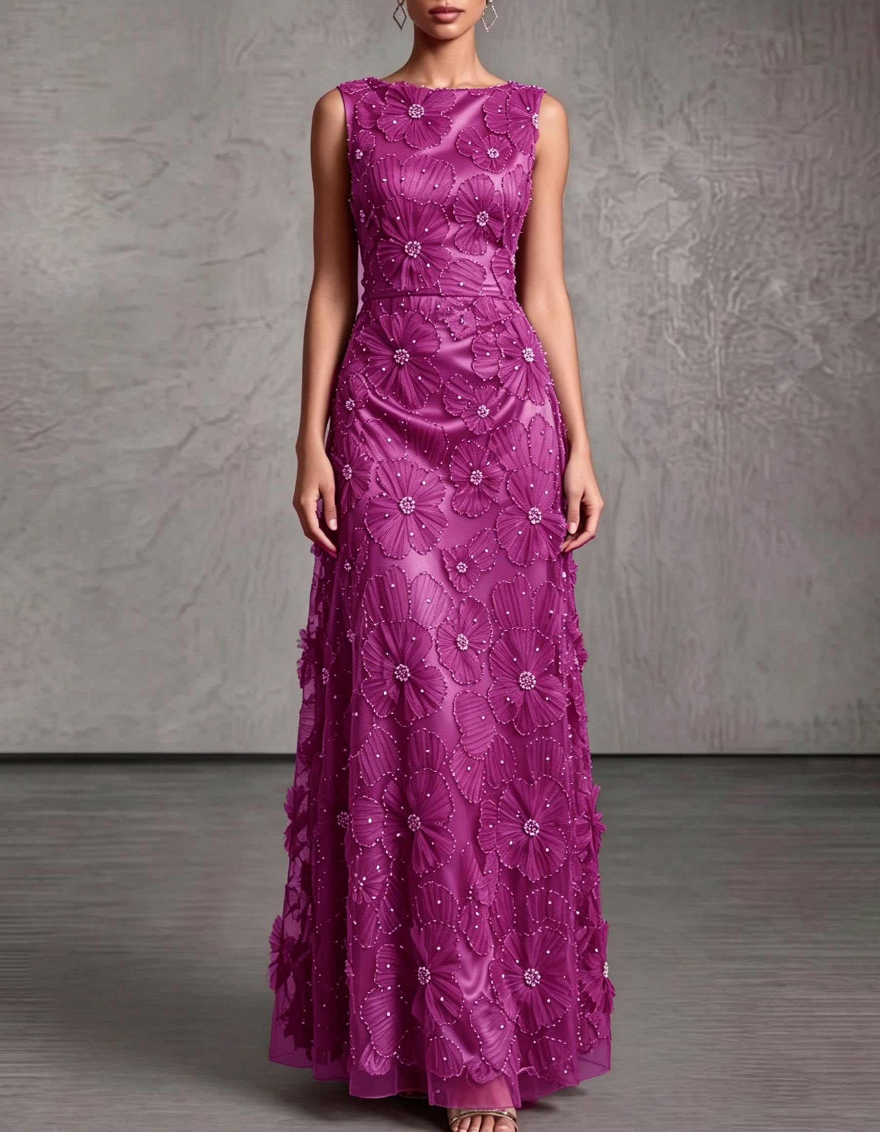 Satin Mesh 3D Floral Pearl Beaded Sleeveless Round Neck Formal Maxi Dress