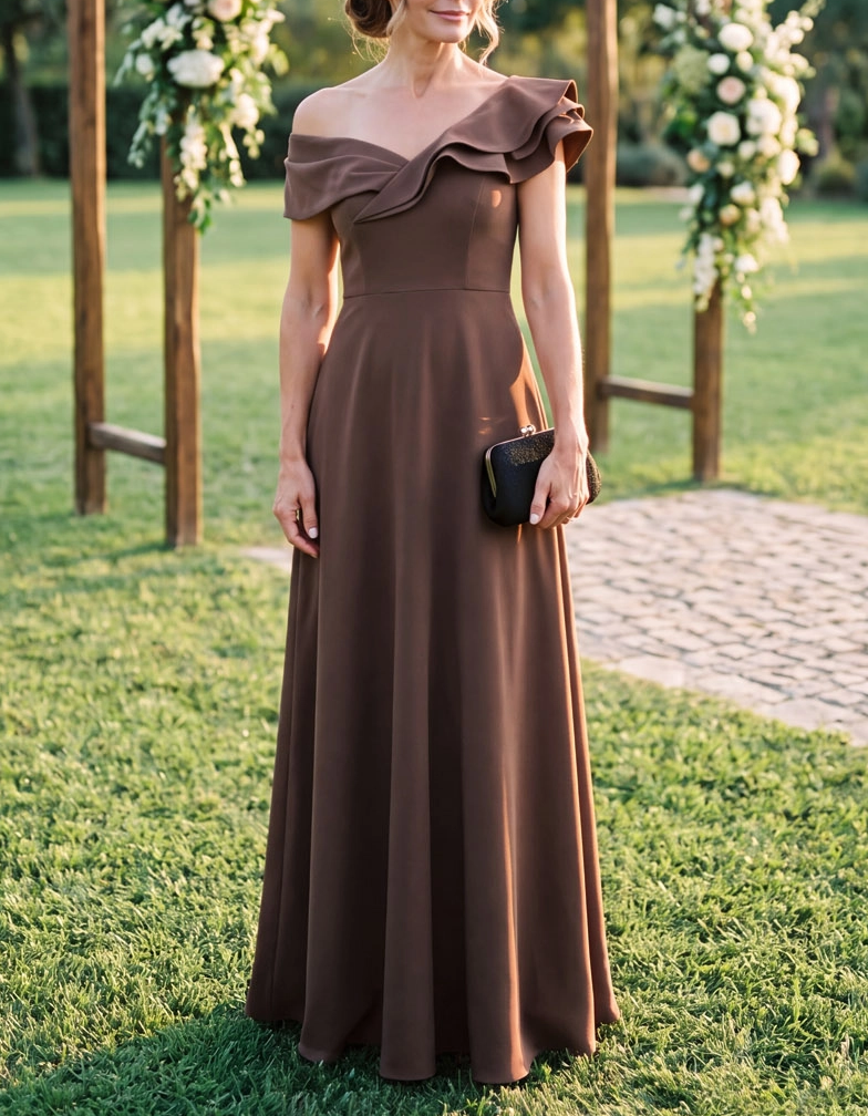 Vestido maxi evasê com folhos e decote ombro a ombro assimétrico