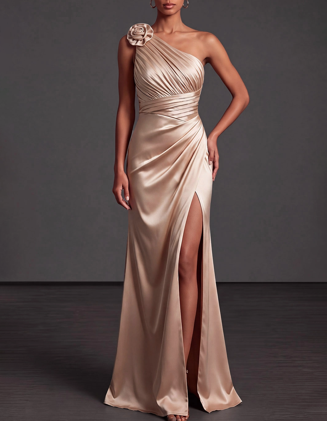 Champagne One Shoulder Satin Gown with 3D Floral High Slit Maxi Dress