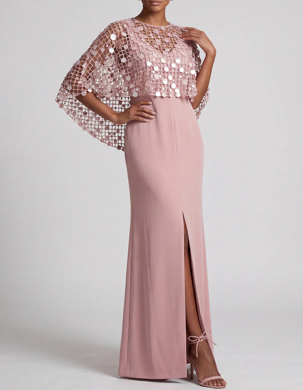 Round Neck Mesh Sequin Cape Crepe Slit Evening Maxi Dress