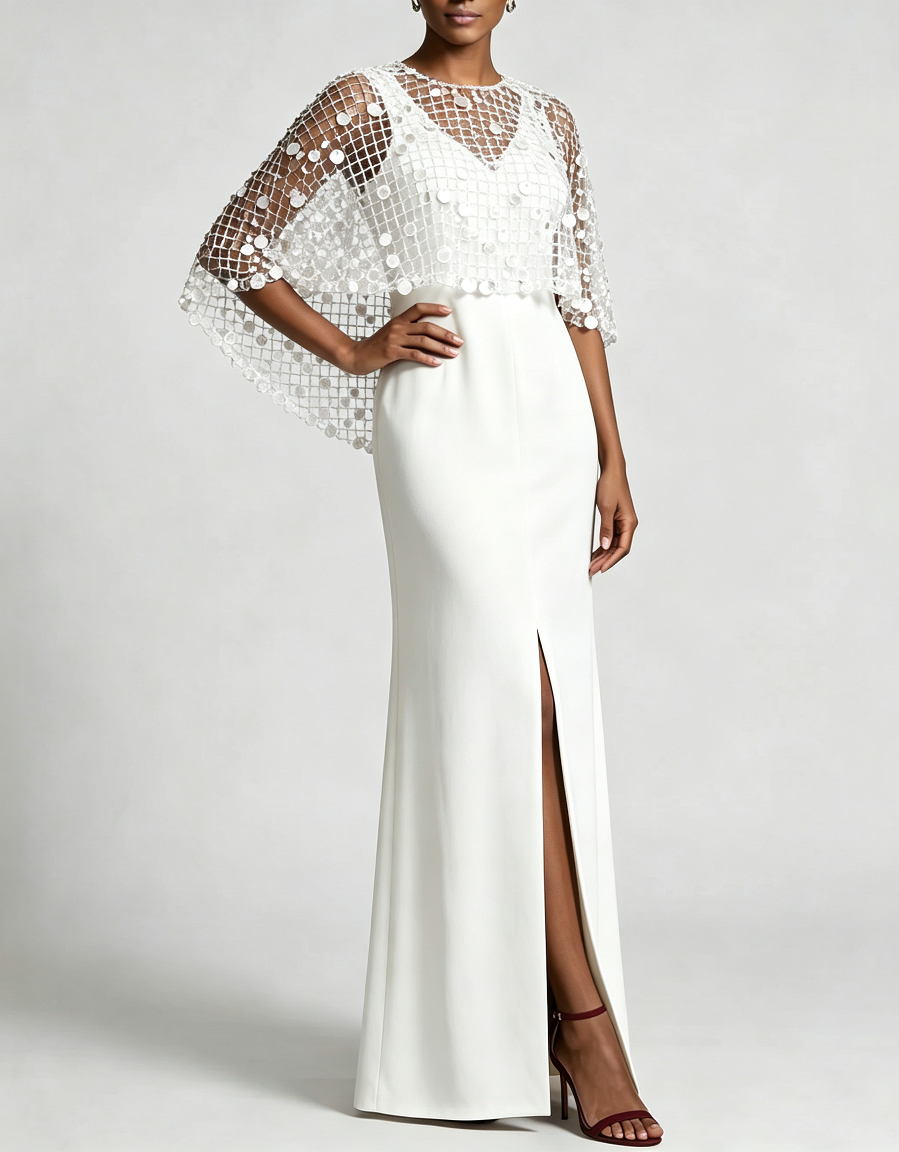 Round Neck Mesh Sequin Cape Crepe Slit Evening Maxi Dress