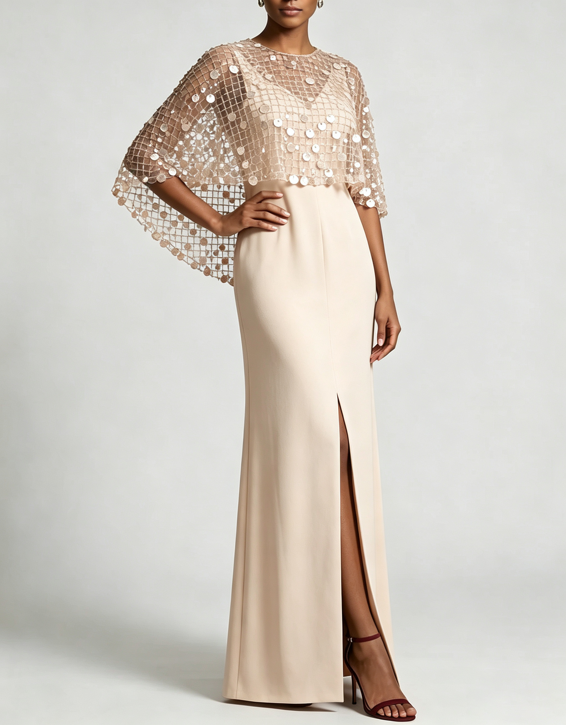Round Neck Mesh Sequin Cape Crepe Slit Evening Maxi Dress